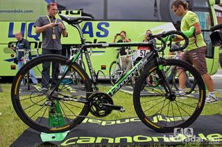 Cannondale Slovakian superstar Peter Sagan (Liquigas-Cannondale) with this specially painted SuperSix Evo Hi-Mod after winning Stage 1.