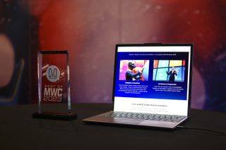 The Lenovo rollable Thinkpad laptop with an award next to it at MWC 2023