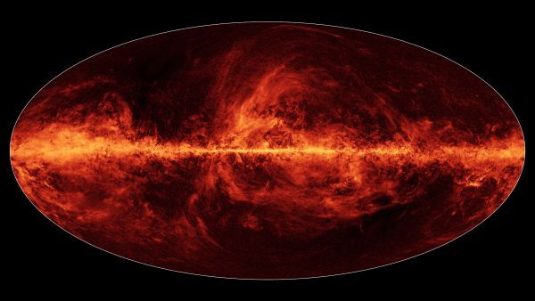 In this all-sky map from Planck, a European Space Agency mission, the towers of fiery colors represent dust in the galaxy and beyond that has been polarized.