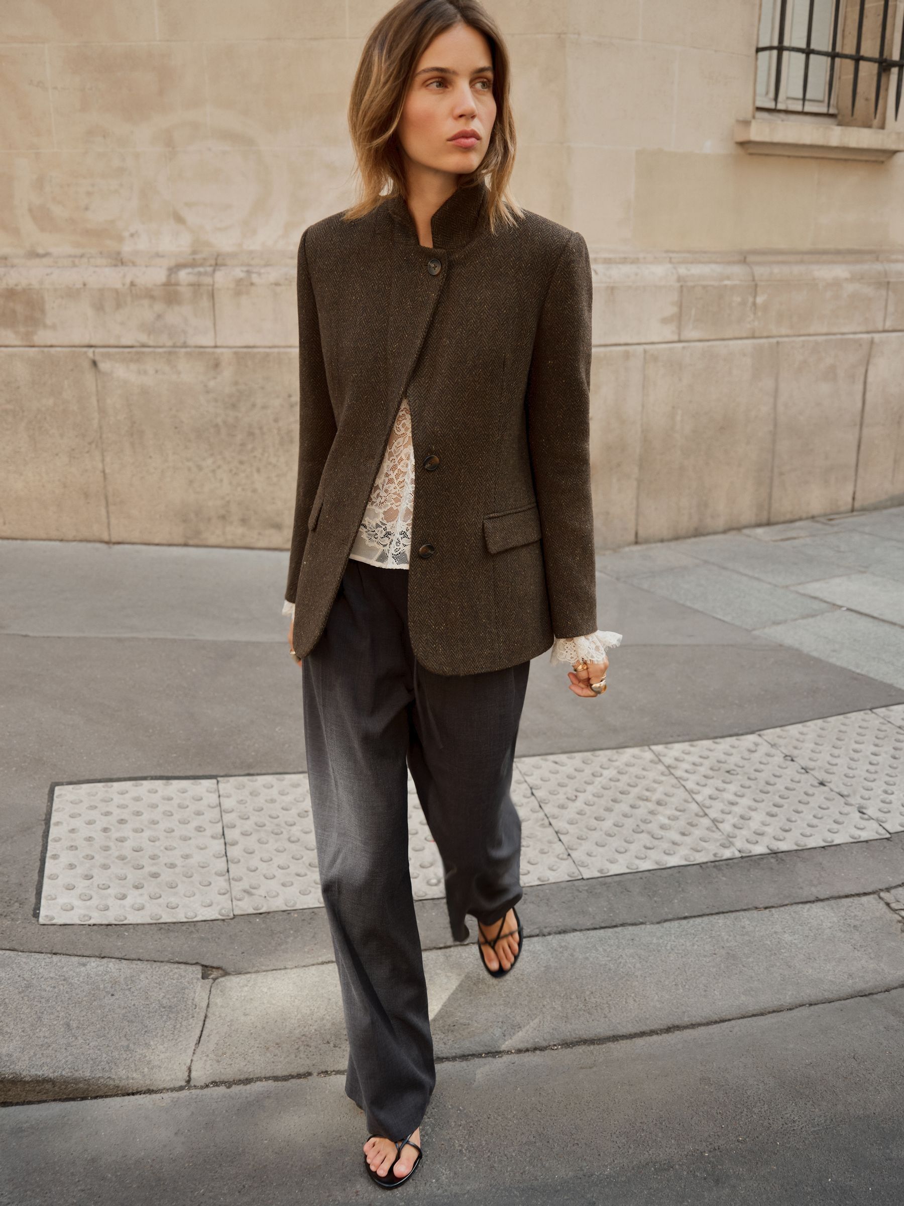 Bhoem Brown/khaki Herringbone Wool Blend Tailored Blazer - Size 6