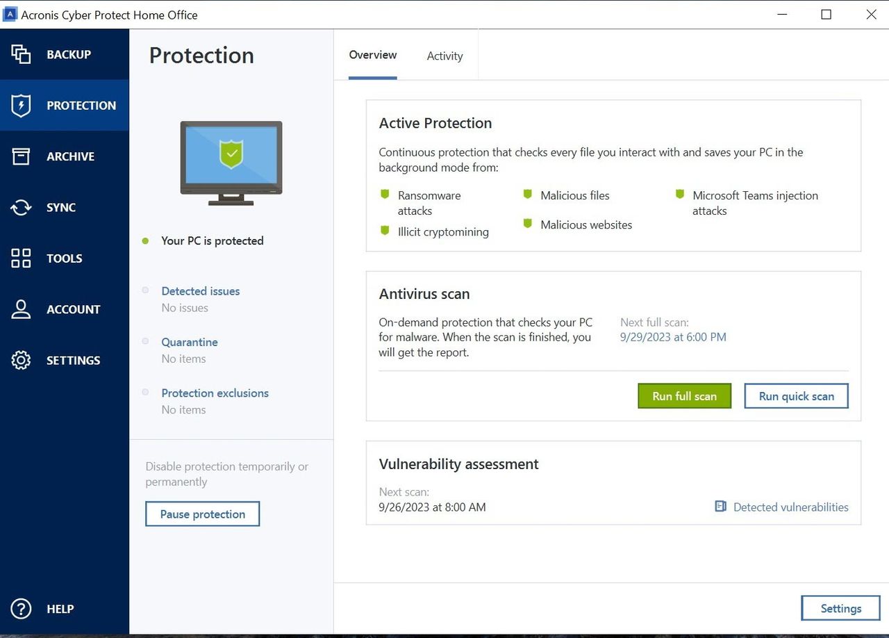Acronis Cyber Protect Home Office app screen shot