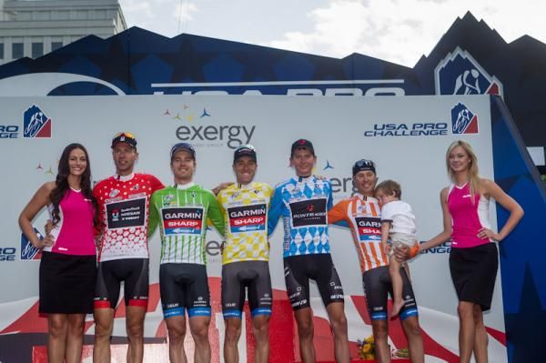 The 2012 USA Pro Challenge's final jersey holders (L-R): Jens Voigt, Tyler Farrar, Christian Vande Velde, Joe Dombrowski and Tom Danielson.
