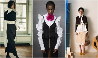 winter 2022 2023 trends of white button downs from The Row, Prabal Gurung, & Tory Burch