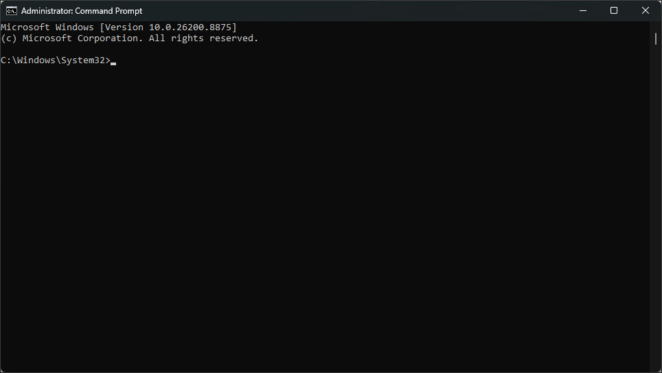 A Windows Command Prompt window running with administrator privileges, showing the Windows version information and the default `C:\Windows\System32&amp;gt;` prompt on a black background.