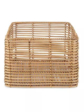 A neutral colored square storage basket on a white background