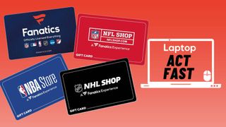 sports gift cards against a red gradient background