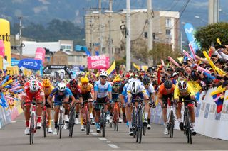Rally's Colin Joyce (second from right) mixes it up in the sprint on stage 5 at Tour C olombia