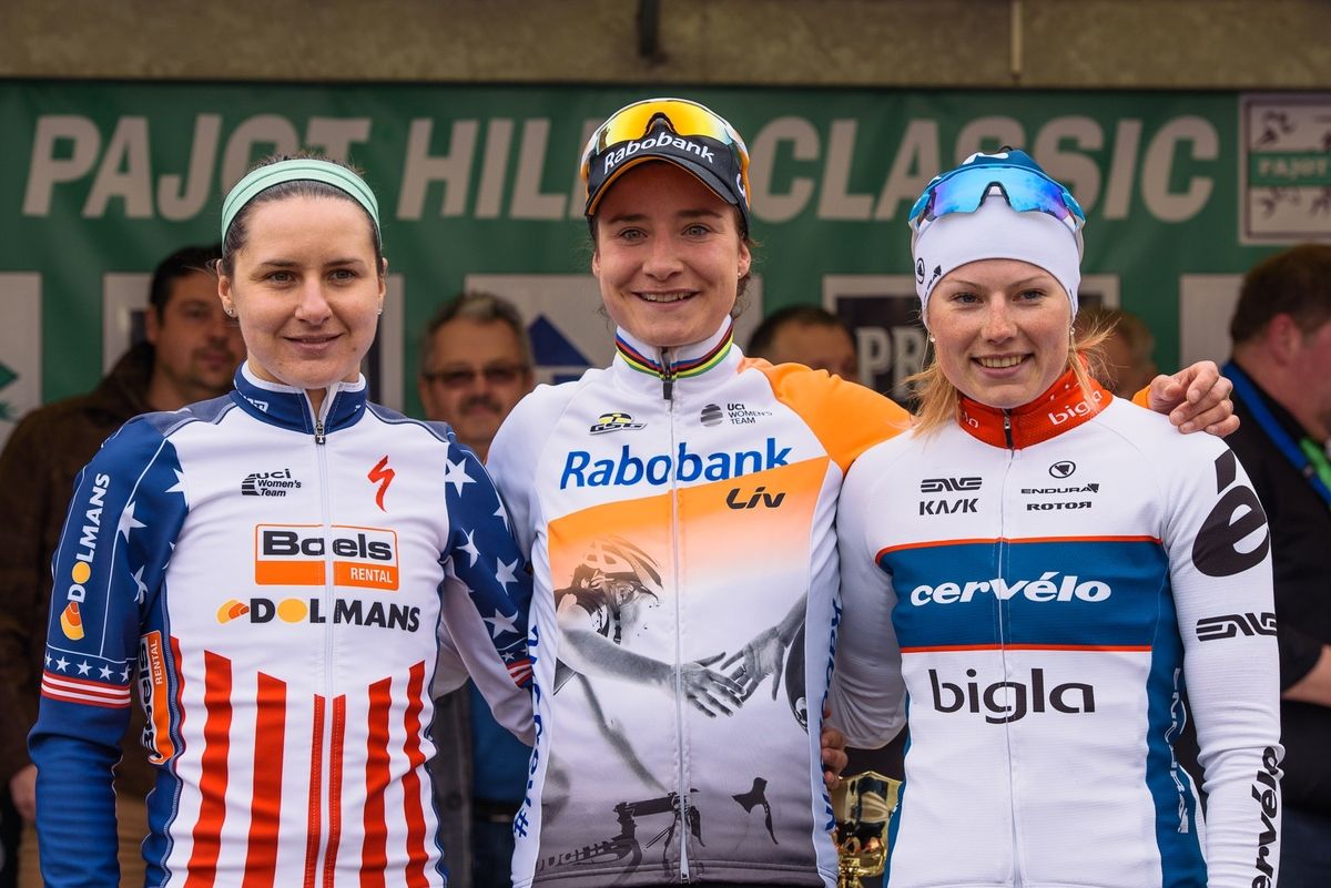 Megan Guarnier, Marianne Vos and Lotta Lepisto on the podium