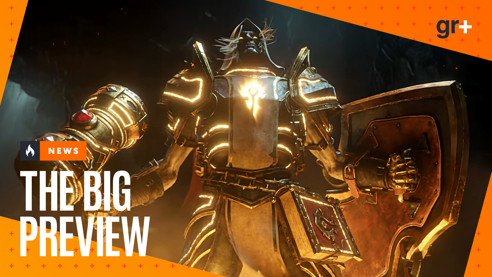 A figure in glowing gold armor spreads their arms wide - hammer and shield in hand - as they look upward in a World of Warcraft: Forever cinematic, with the GamesRadar+ Big Preview frame