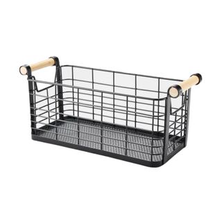 black wire basket with wooden handles