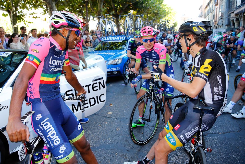 Riders wait for the start of the Vuelta's final stage.