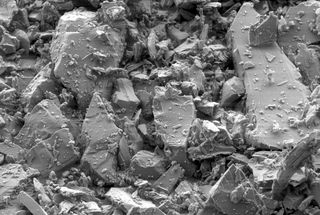 The micro-structure of the mineral albite before being rapidly compressed. This image shows a section 0.036 millimeters across.