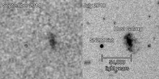 The supernova SN2016iet as first seen in September 2014 (left) and then again in July 2018. The latter observations revealed which revealed the host star's 54,000 light-year distance from its galaxy.