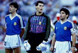 Argentina goalkeeper Sergio Goycochea alongside Juan Simon and Diego Maradona ahead of the 1990 World Cup final against West Germany.