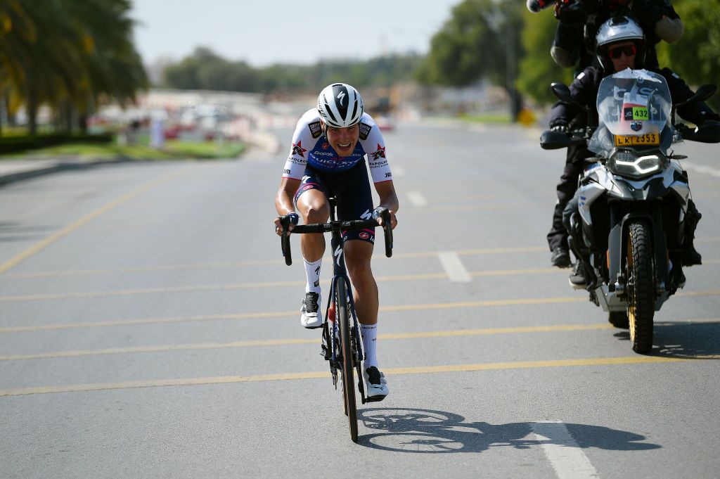MUSCAT OMAN FEBRUARY 13 Fausto Masnada of Italy and Team QuickStep Alpha Vinyl competes in the breakaway during the 11th Tour Of Oman 2022 Stage 4 a 1195km stage from Al Sifah to Mucat TourofOman on February 13 2022 in Muscat Oman Photo by Dario BelingheriGetty Images