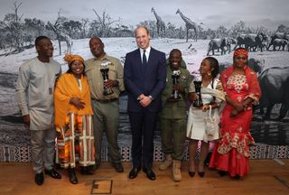 Caleb Ofori-Boateng, guest, Simson Uri-Khob, Prince William, Duke of Cambridge, Suleiman Saidu, Julie Razafimanahaka and Rachel Ikemeh during the Tusk Conservation Awards 2021