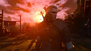 The Witcher 3 Remastered screenshot of Geralt with the sun setting behind him