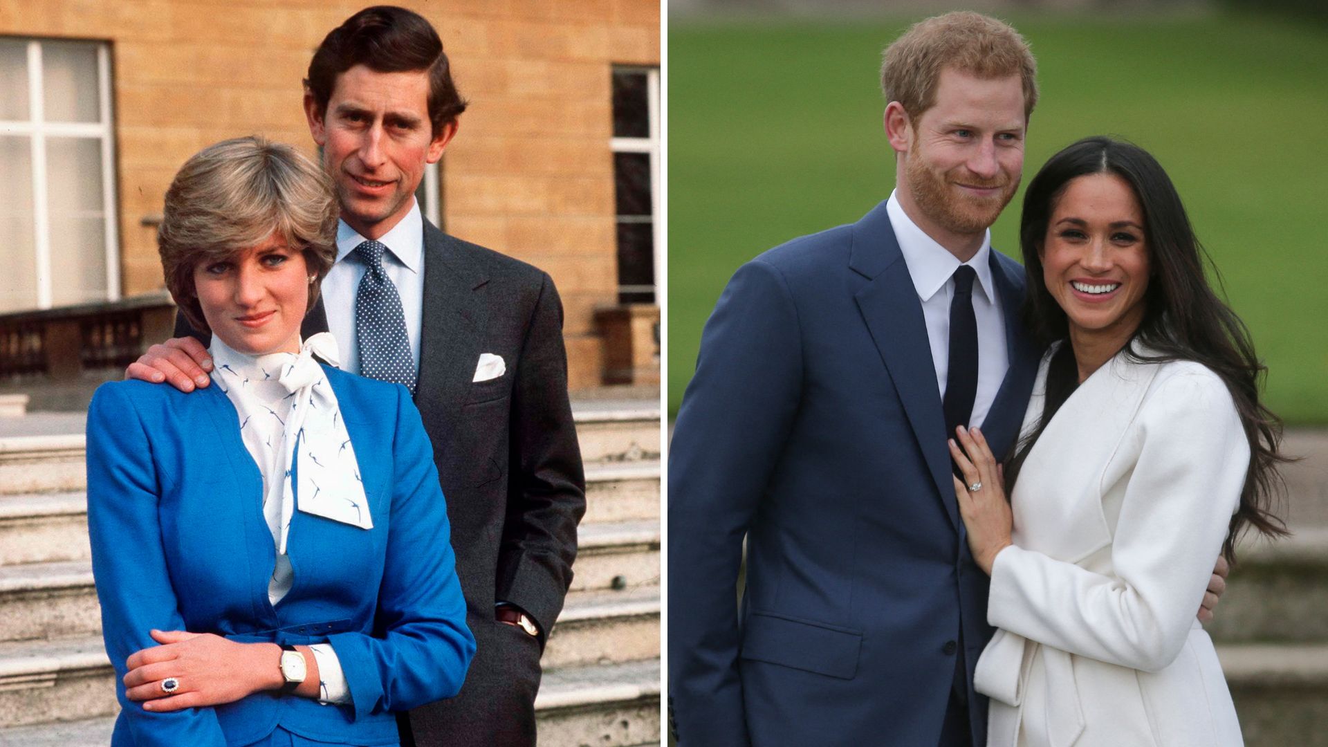 A composite of King Charles and Diana's engagement photo and Harry and Meghan's engagement photo