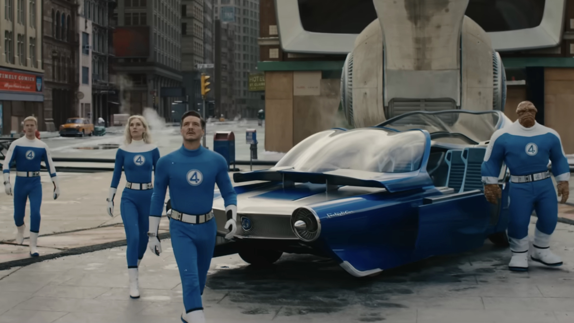 The Fantastic Four look up in The Fantastic Four: First Steps.