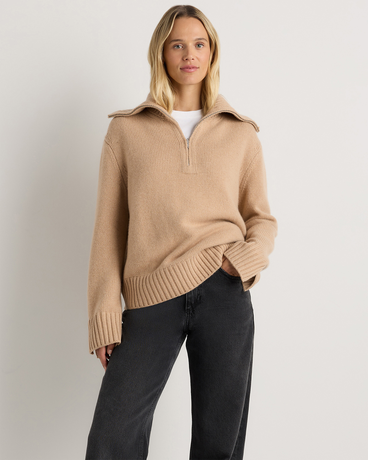 Luxe Baby Cashmere Quarter Zip Sweater in Creamy Cortado
