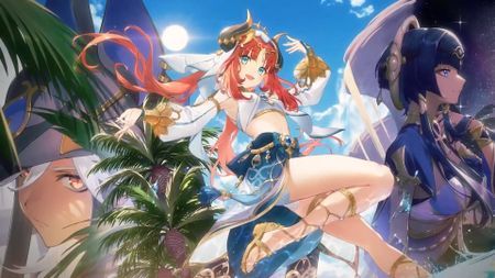 Some artwork of Genshin Impact's 3.1 banner characters Cyno, Candace, and Nilou