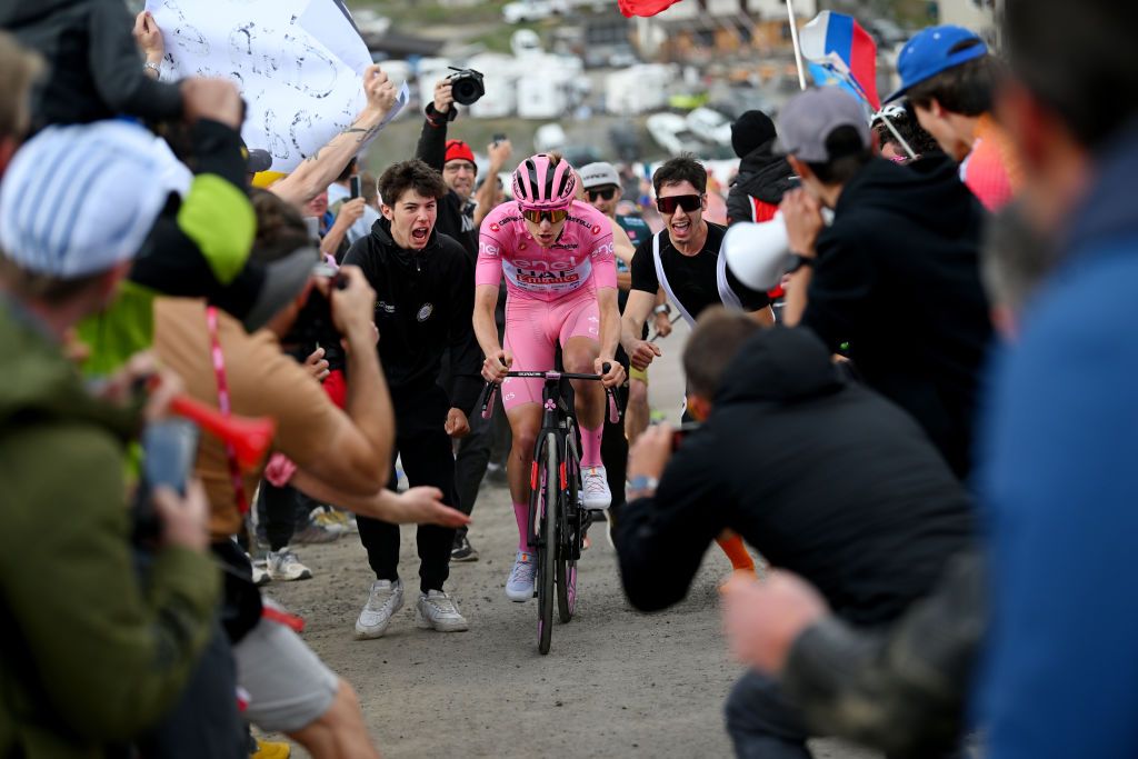 Tadej Pogacar in a solo breakaway climbing the Mottolino on stage 15 at the Giro d&#039;Italia