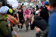 Tadej Pogacar in a solo breakaway climbing the Mottolino on stage 15 at the Giro d'Italia