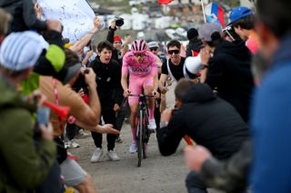 Tadej Pogacar in a solo breakaway climbing the Mottolino on stage 15 at the Giro d'Italia