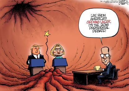 Political cartoon U.S. 2016 election Donald Trump Hillary Clinton Lester Holt debate