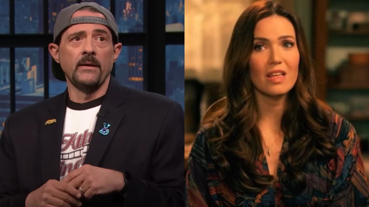 Kevin Smith looking sad on Late Night With Seth Meyers and Mandy Moore talking in a This Is Us BTS video.