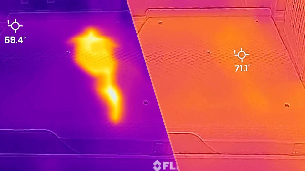 A side by side of the Nectar Premier Memory Foam Mattress from a thermal cam, taken during our temperature regulation testing at our sleep studio. On the left, you can see a clear orange outline of a person from where our tester was previously sleeping, contrasting with the purple of the rest of the mattress. On the right, the outline of the person has largely disappeared and the surface of the bed is a much more even orange tone, suggesting the heat has dissipated.