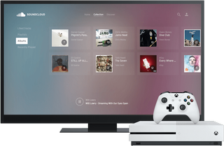 An Xbox One is running with the SoundCloud for Xbox One app open on screen