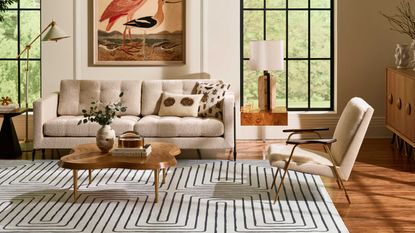 a black and white rug in a modern living room for Ruggable Memorial Day sale