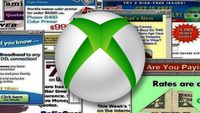 Xbox logo with 90s style pop up ads behind it