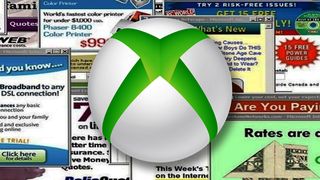 Xbox logo with 90s style pop up ads behind it