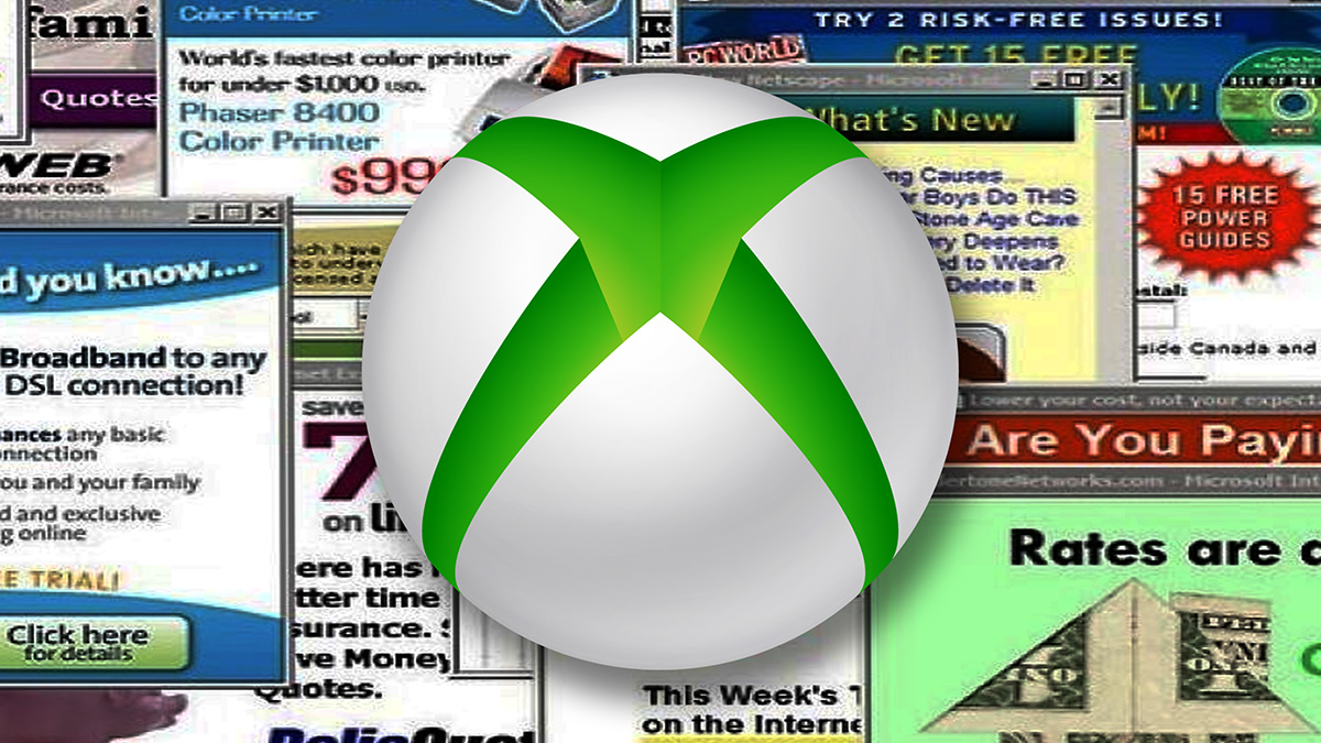 Xbox logo with 90s style pop up ads behind it