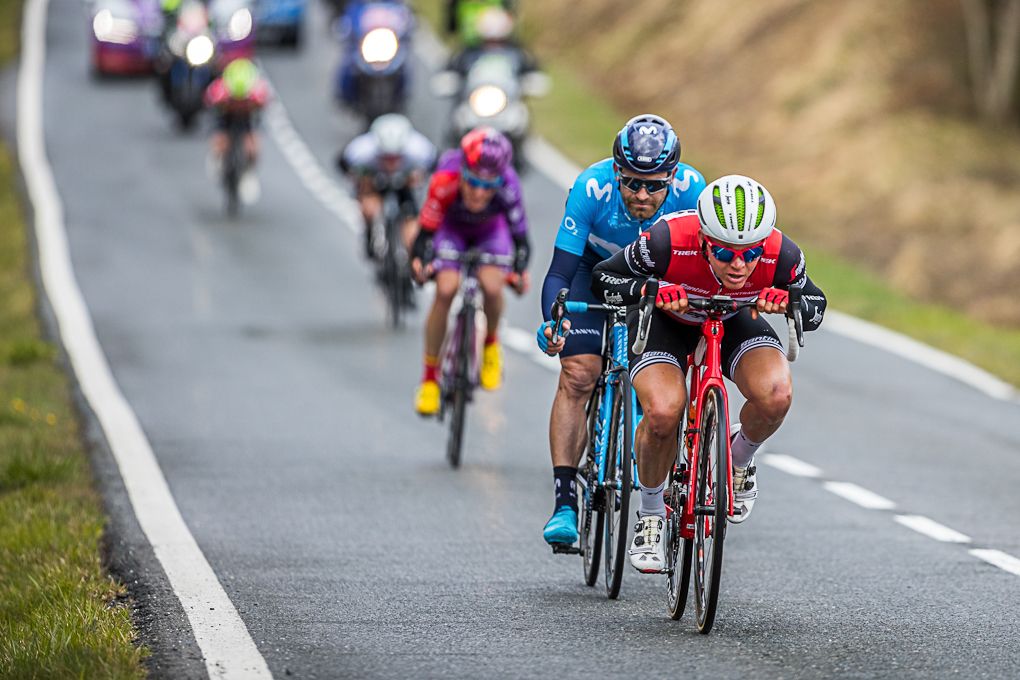 Toms Skujins gets aero in the breakaway during stage 3 at Pais Vasco