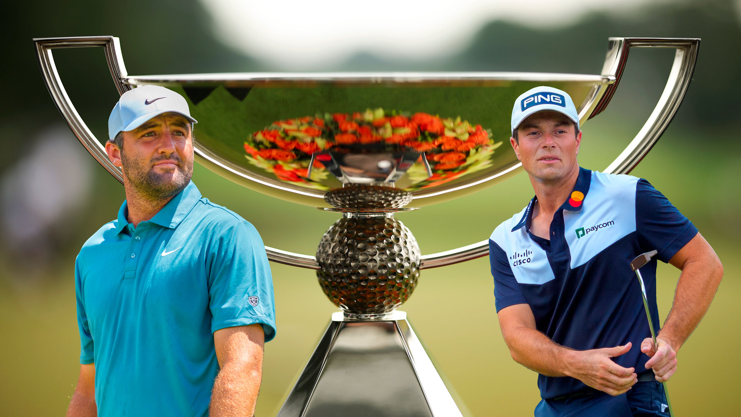 Images of Scottie Scheffler (left) and Viktor Hovland (right) sat on top of a general photo of the FedExCup trophy