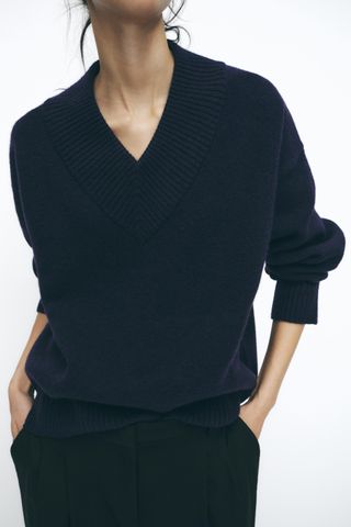 Plain Knit V-Neck Sweater