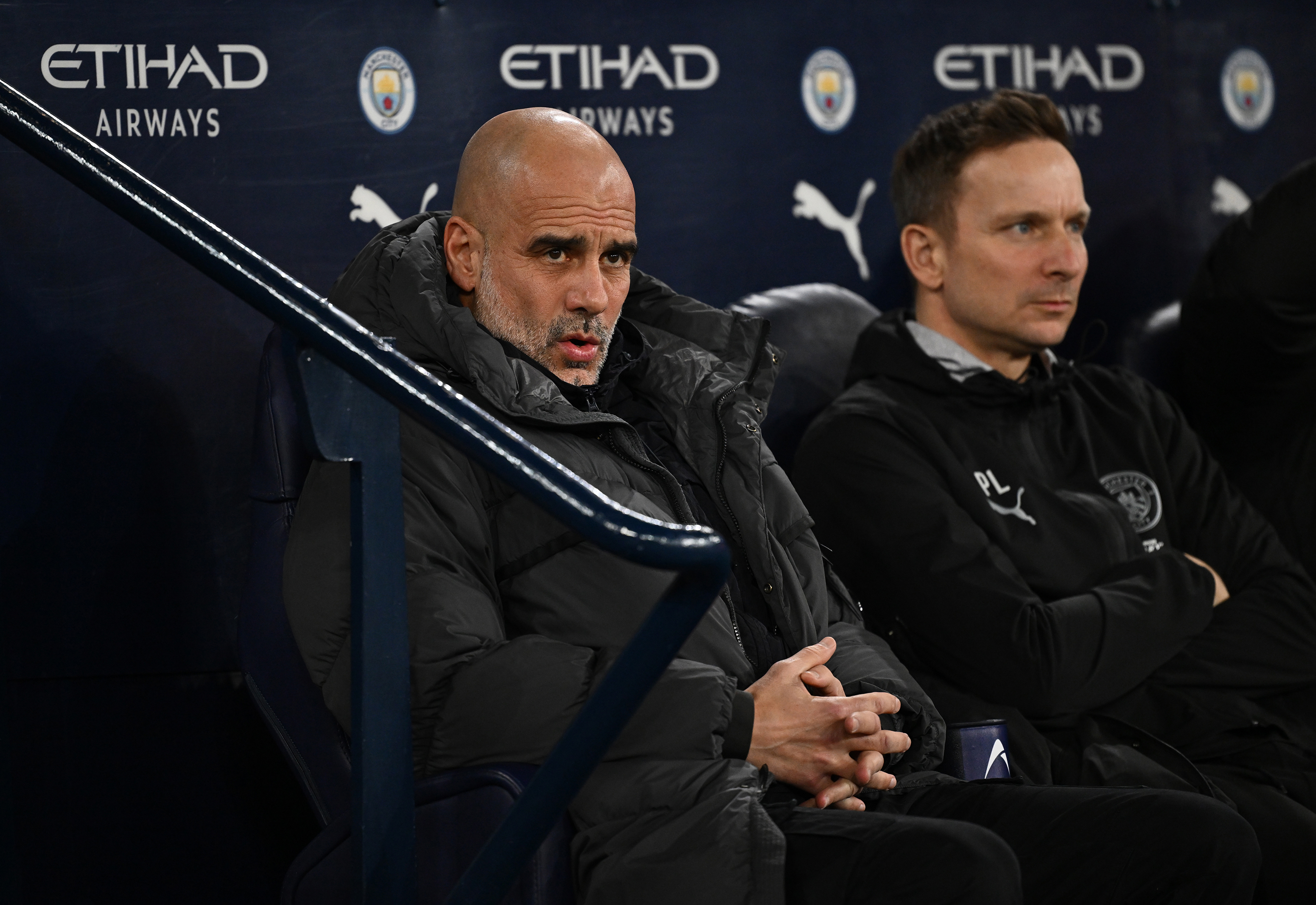 Manchester City manager Pep Guardiola with assistant Pepijn Lijnders