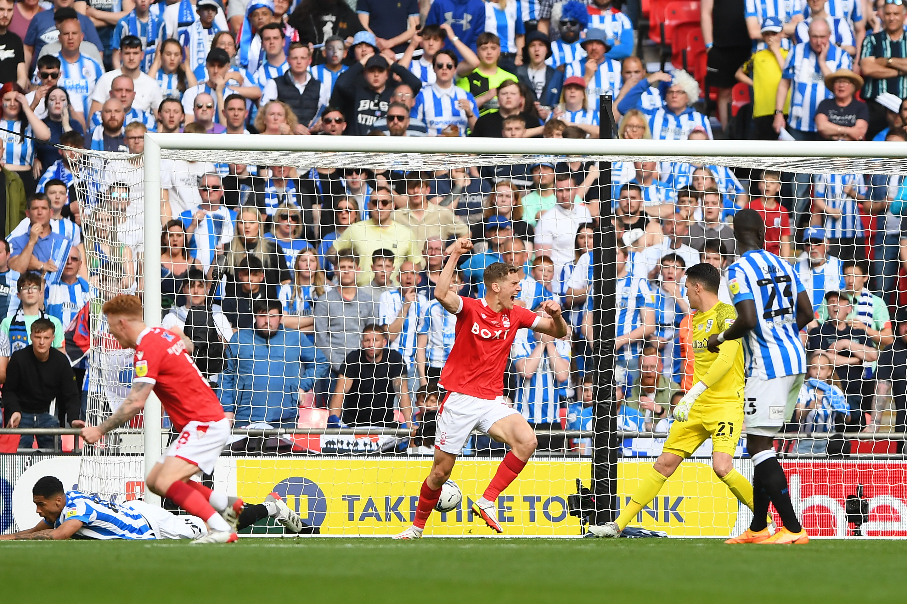 Nottingham Forest celebrate Levi Colwill's own goal in the 2022 play-off final