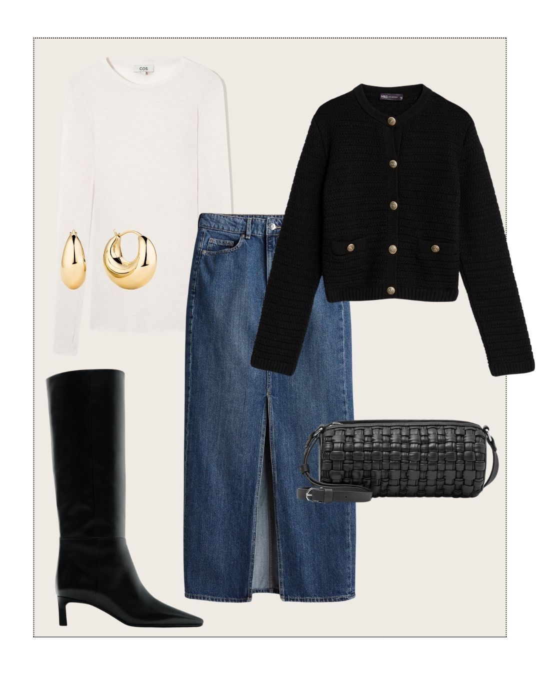 M&S textured jacket, denim maxi skirt, knee-high boots, cream top