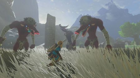 Link surrounded by a group of Moblin enemies in The Legend of Zelda: Tears of the Kingdom.