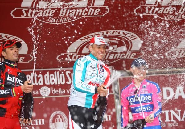 Philippe Gilbert (Omega-Pharma Lotto) celebrates in Siena.