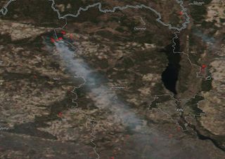 A wildfire burning in the Chernobyl Exclusion Zone, as imaged on April 5, 2020, by the NOAA-NASA Suomi NPP satellite.