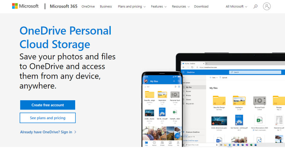 Website screenshot for Microsoft OneDrive