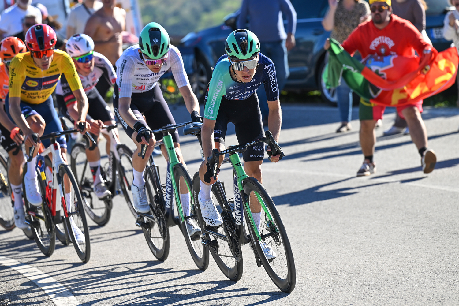 LOULE, PORTUGAL - FEBRUARY 22: (L-R) Oscar Onley of Great Britain and Team INEOS Grenadiers, Juan Ayuso of Spain and Team Lidl - Trek - Yellow leader jersey, Paul Seixas of France and Team Decathlon CMA CGM - White best young jersey and Matthew Riccitello of United States and Team Decathlon CMA CGM compete in the breakaway during the 52nd Volta ao Algarve em Bicicleta 2026, Stage 5 a 148.4km stage from Faro to Malhao - Loule 512m on February 22, 2026 in Loule, Portugal. (Photo by Dario Belingheri/Getty Images)