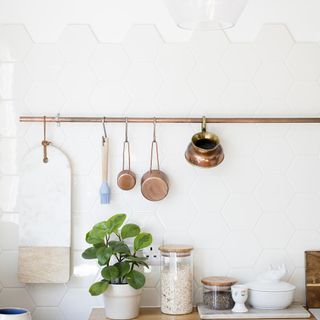 kitchen with white hexagonal tiles and potted plant