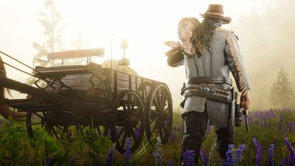 A Red Dead Online player walks towards a cart with a rabbit on his shoulder
