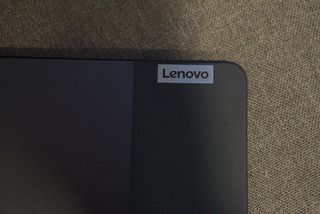 A close-up on the "Lenovo" label of the Lenovo Tab P11 Plus